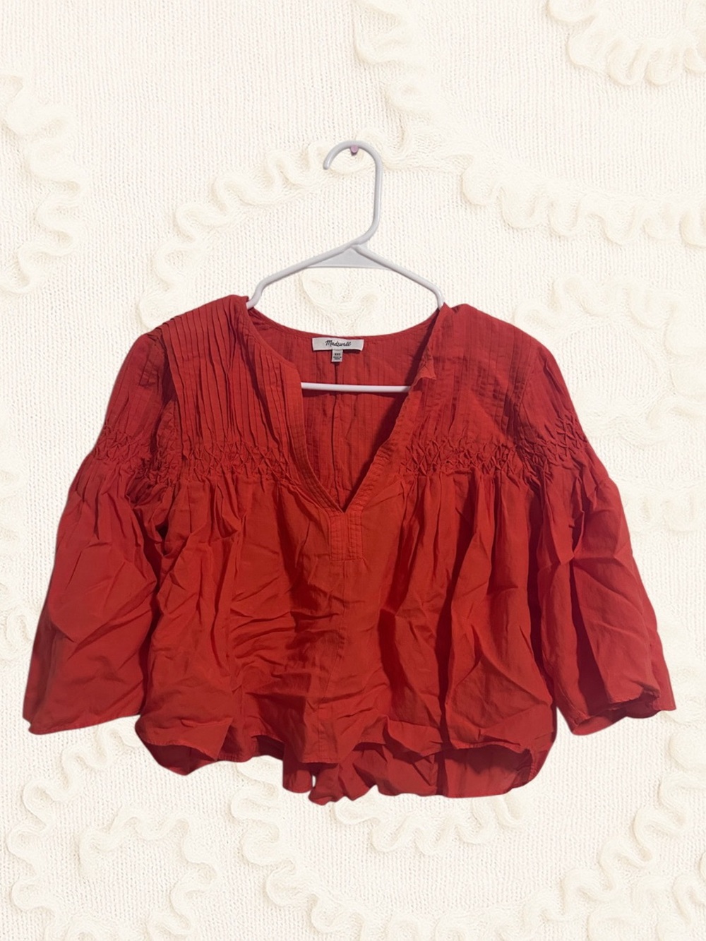 Madewell V-Neck Flutter-Sleeve Smocked Top in Textured Chiffon Red XXS